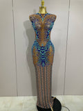 Luxury Sparkly Rhinestones Nude Sexy Mesh Maxi Dress Women Evening Birthday Party Elegant Gown Show Red carpet Stage Costume MULTI