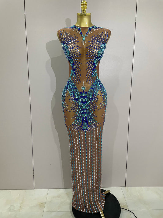 Luxury Sparkly Rhinestones Nude Sexy Mesh Maxi Dress Women Evening Birthday Party Elegant Gown Show Red carpet Stage Costume MULTI