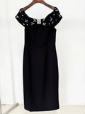 Black White Color Women Sexy Slash Neck Off the Shoulder Bodycon Mid-calf Dress Shinning Crystal Celebrate Evening Party Outfit black