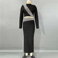 New Black Red Women Long Sleeve Shinning Diamond 2 Pieces Bodycon Bandage Long Dress Elegant Normal Evening Party Outfit
