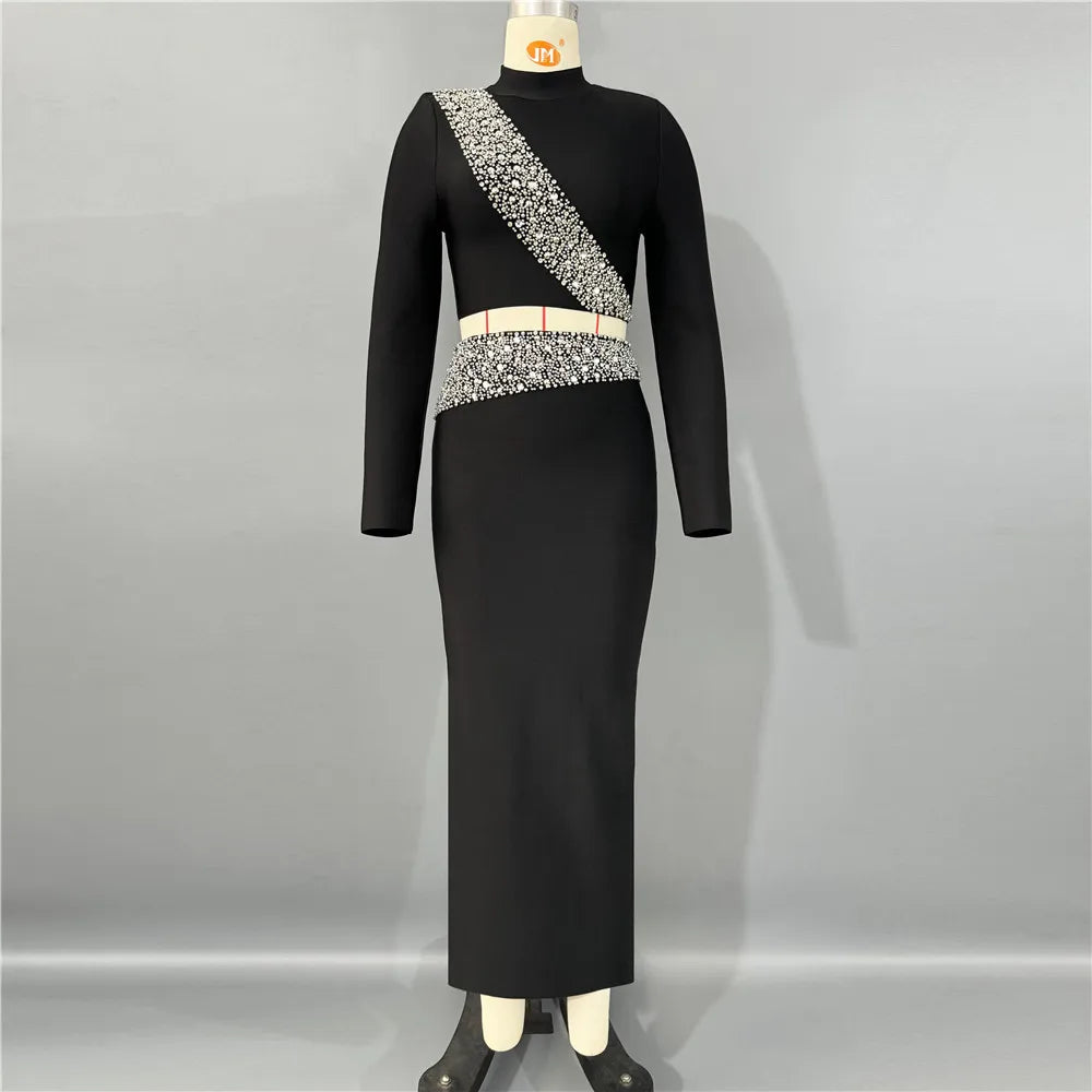 New Black Red Women Long Sleeve Shinning Diamond 2 Pieces Bodycon Bandage Long Dress Elegant Normal Evening Party Outfit