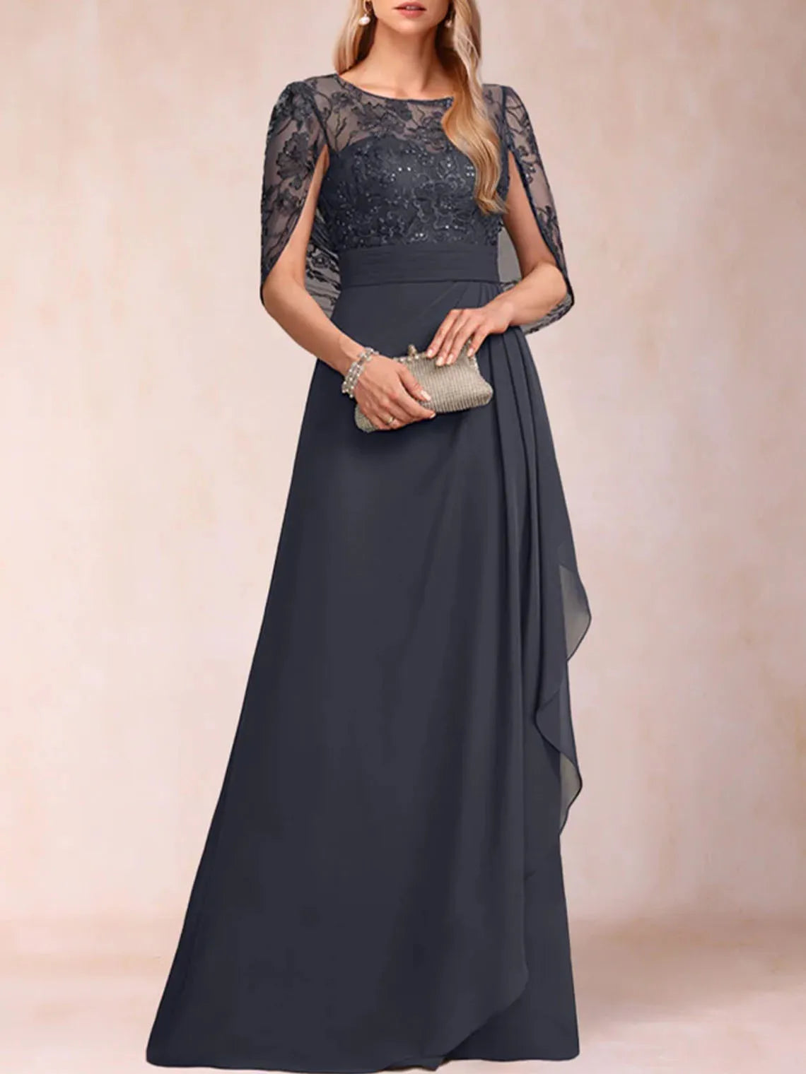 Mother Of The Bride Dress - Elegant A-Line Formal Dresses Scoop Neck Applique Ruffles Beading Half Sleeves Mother of the Bride Dresses 2025 Free Customized Dark Navy