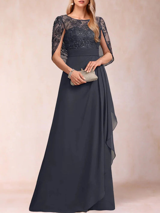 Mother Of The Bride Dress - Elegant A-Line Formal Dresses Scoop Neck Applique Ruffles Beading Half Sleeves Mother of the Bride Dresses 2025 Free Customized Dark Navy
