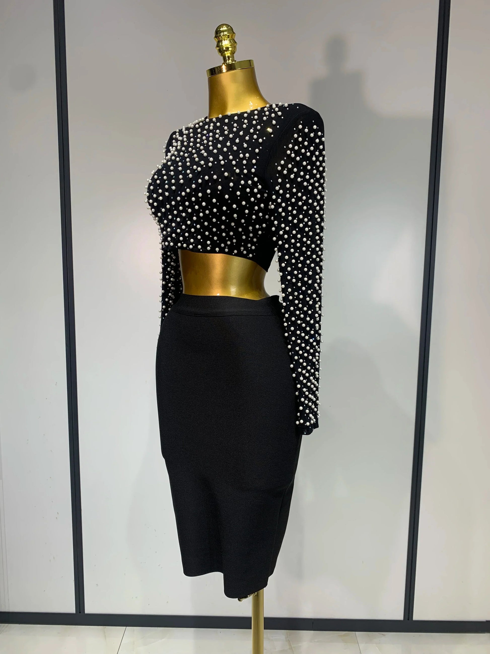 Women Sexy Long Sleeve Mesh Pearl Black Top Celebrity Midi Women Bandage Set Designer Evening Party Birthday Two Piece Set