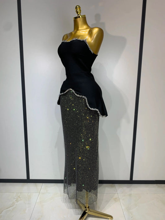High Quality Black Design Sleeveless Rhinestone Top + Hot diamond Skirt Suit Evening Party Dress Nightclub Luxury Birthday Gown