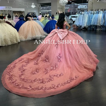 Pink Quinceanera Dresses Off Shoulder Vestidos De 15 Años Beading Flower Lace Formal Birthday Party Prom Dress