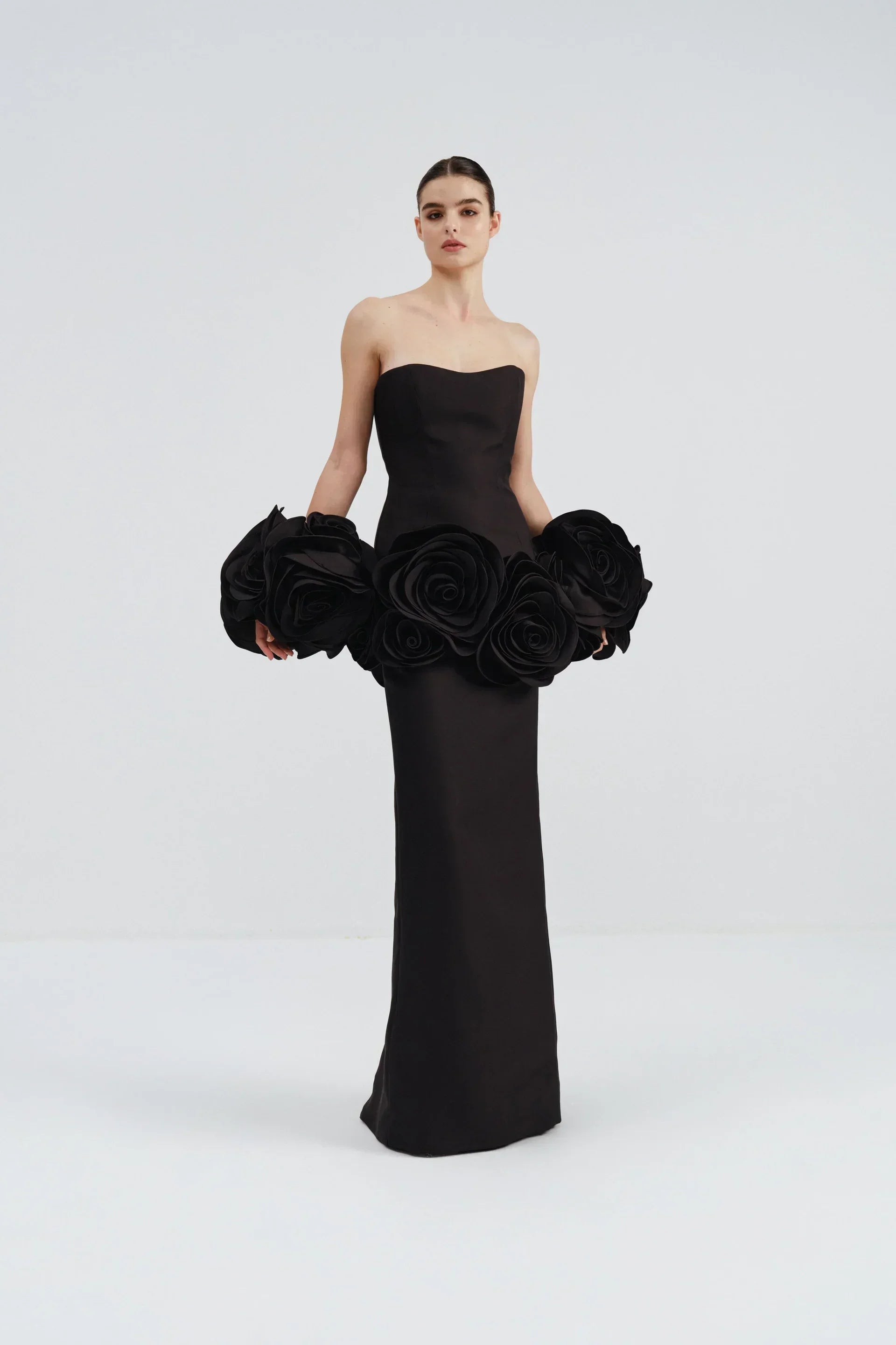 Stereoscopic Flowers Strapless Bandage Ankle Length Evening Dress Fashion Woman Birthday Party Dress Celebrity Party Outfit black