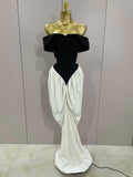 Sexy V Neck off-The-Shoulder Black And White Splicing Mermaid Floor-length dress Women Formal Evening Birthday Party Dress black