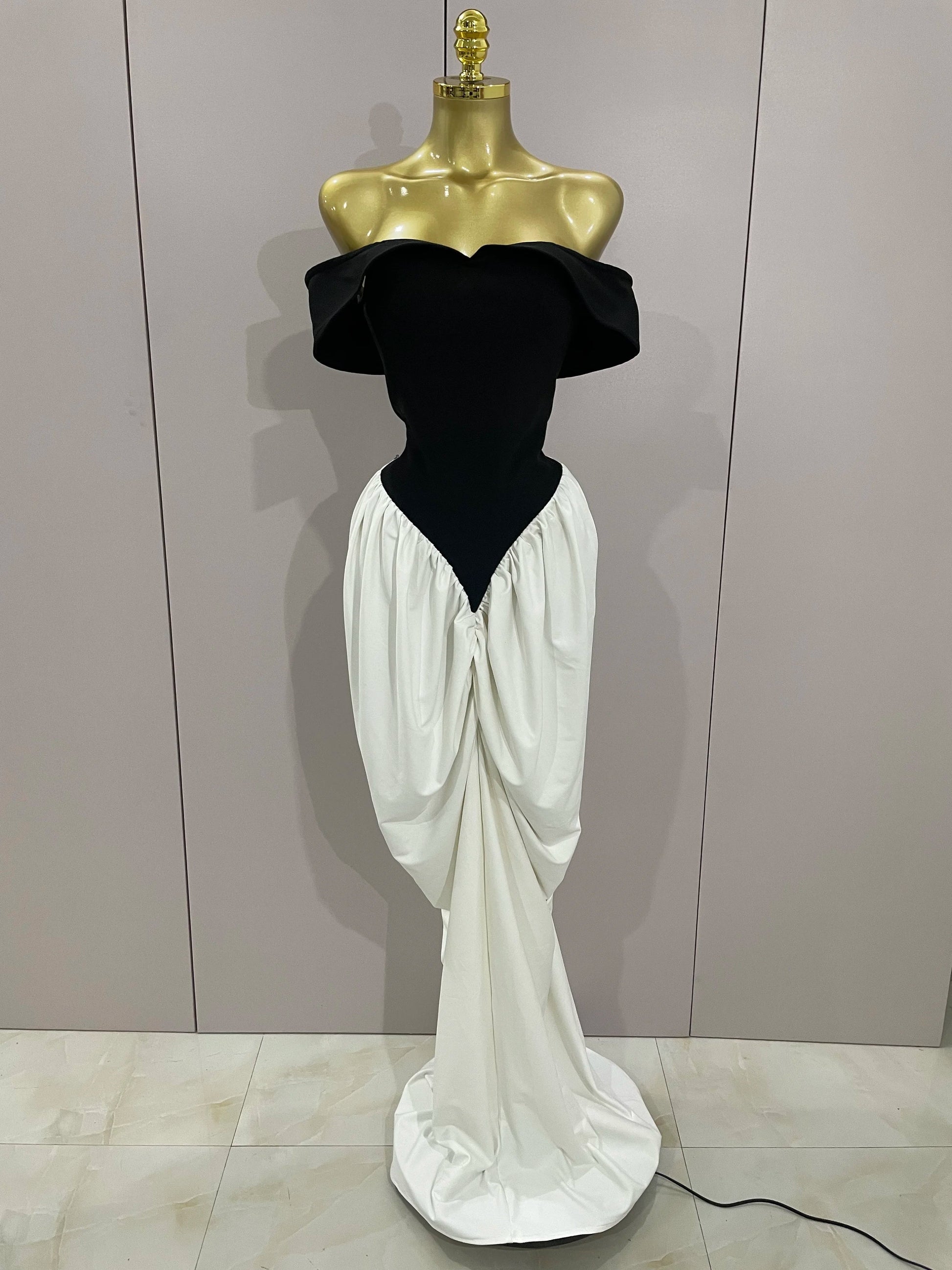 Sexy V Neck off-The-Shoulder Black And White Splicing Mermaid Floor-length dress Women Formal Evening Birthday Party Dress black