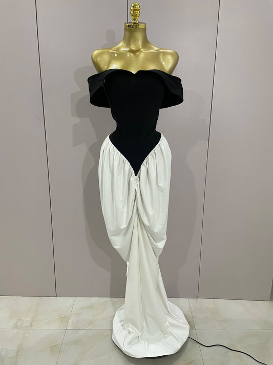 Sexy V Neck off-The-Shoulder Black And White Splicing Mermaid Floor-length dress Women Formal Evening Birthday Party Dress black