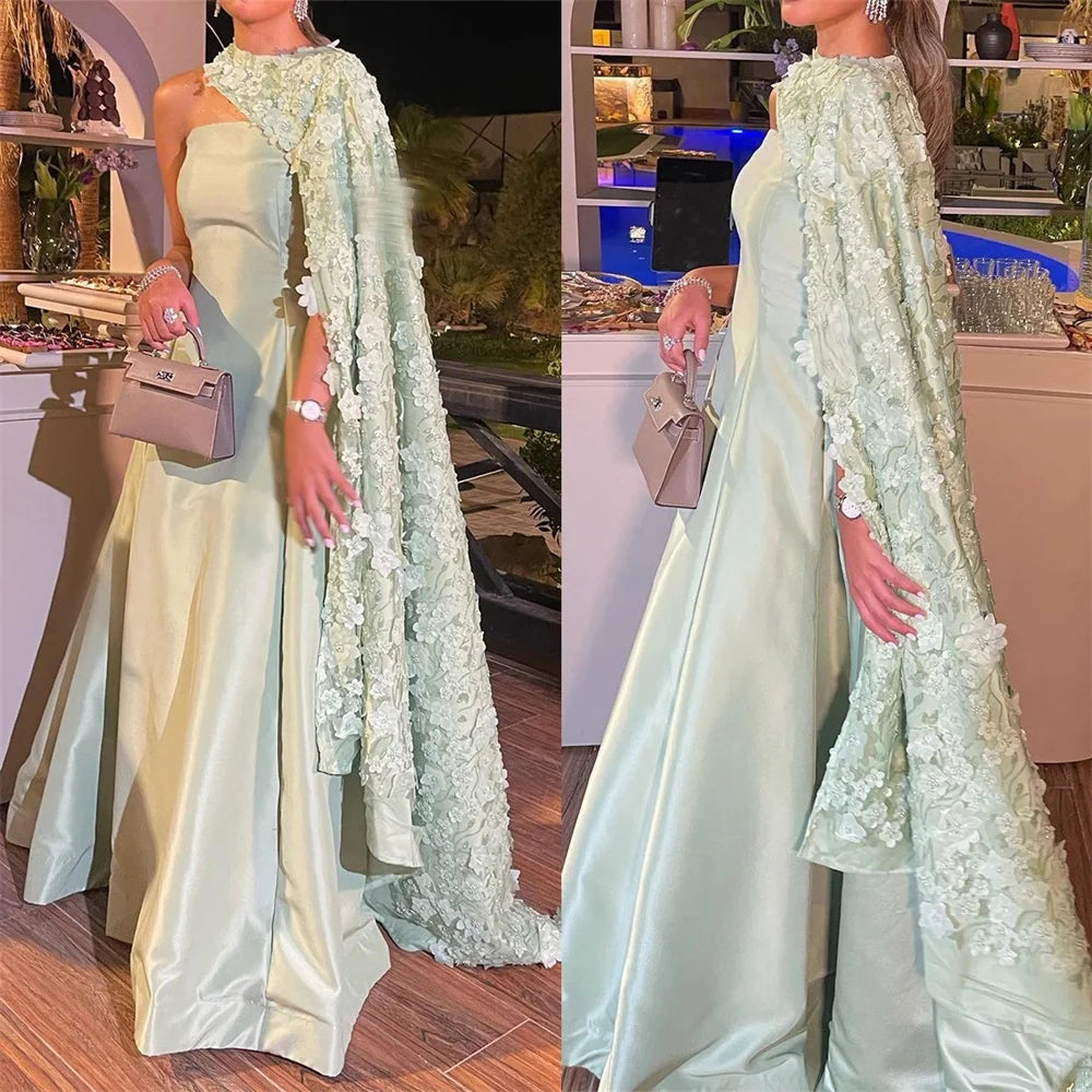 Green Satin Prom Dresses Detachable Shawl 3D Flowers Wedding Dress Elegant Sleeveless Floor-Length Vestidos De Fiesta