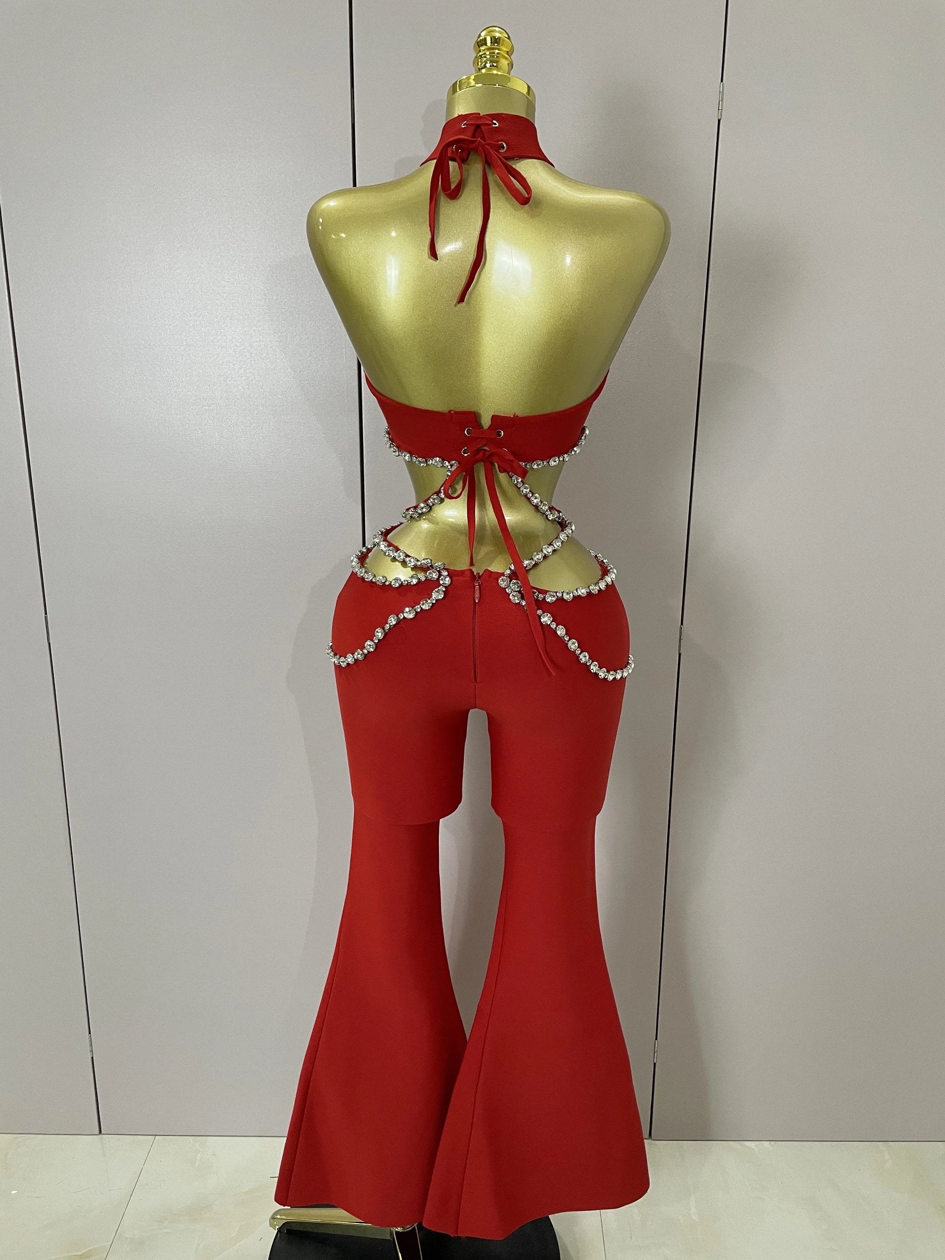 Luxury Rhinestone Red Sexy Cut Out Two Piece Pants Bandage Set Women Celebrity Designer Fashion Women's Set Stage Outfit