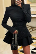 New Arrival Black Red Women Long Sleeve Shinning Rhinestones A-Line Mini Dress Christmas Nightclub Party Celebrate Dress