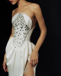 Black White Color Women Sexy Strapless Shinning Crystal Bodycon Long Bandage Dress Elegant Evening Party Celebrate Outfit
