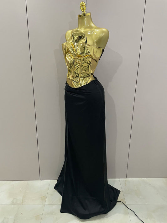 Gold Color Sexy Laced-up Tops 2 Pieces Set Long Dress Women Celebrate Evening Party Celebrity Elegant Dress