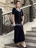 Elegant Women's Slim Fit Knitted Dress Fashionable Polo Neck Short Sleeve Single breasted Design Split Knitted Mid length Dress