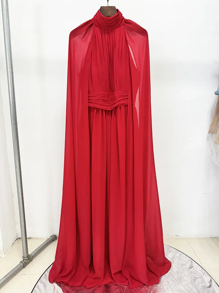 Arrival Red Color Women Fashion Cloak Sleeve Slim Floor-length Dress Elegant Eveening Party Celebrate Prom Outfit