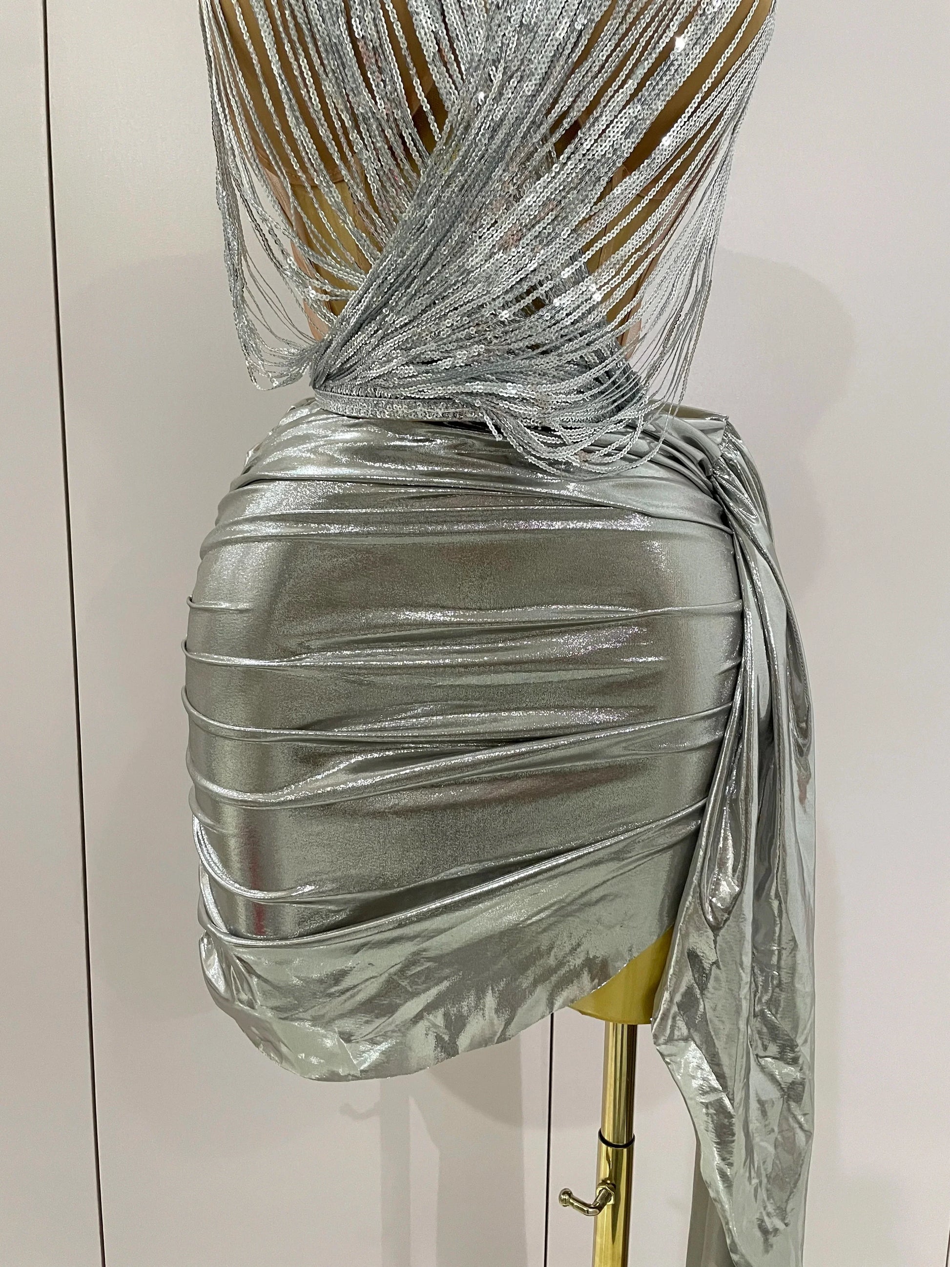 Shiny Silver Sequin Tassels Mini Dress 2-piece Set Women Evening Birthday Party Club ShootPhoto Stage Costume