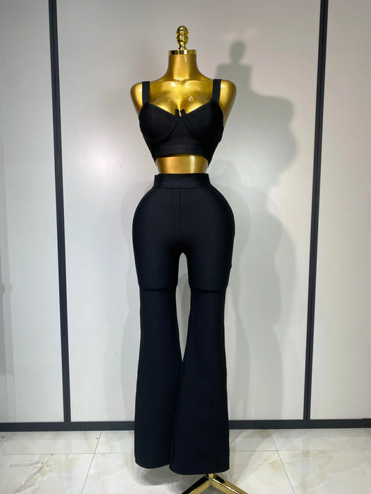 Women Sexy Bandage Crop Top Pant Set Evening Party Club Luxury Birthday High Street Fashion Elegant Luxury Birthday Outfit ﻿ black