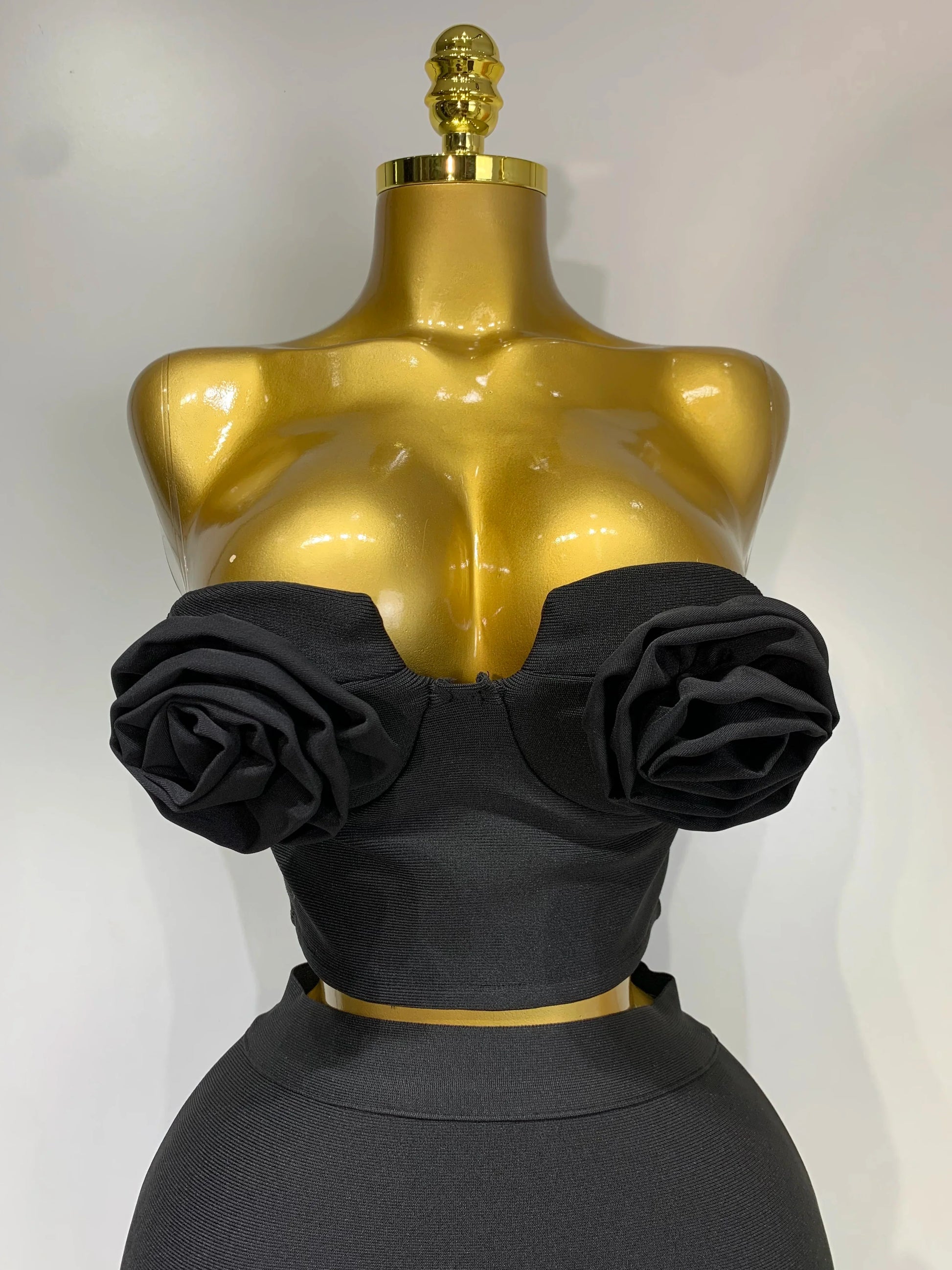 New Arrival Women 3D Flower Black Bodycon Bandage Two Piece Set Designer High Waist Evening Party Club Birthday Skirt Set
