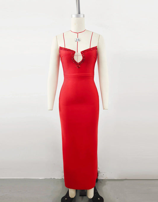 Red Color Women Sexy Strapless Shinning Crystal Bodycon Long Bandage Dress Wedding Mermaid Celebrate Evening Party Outfit