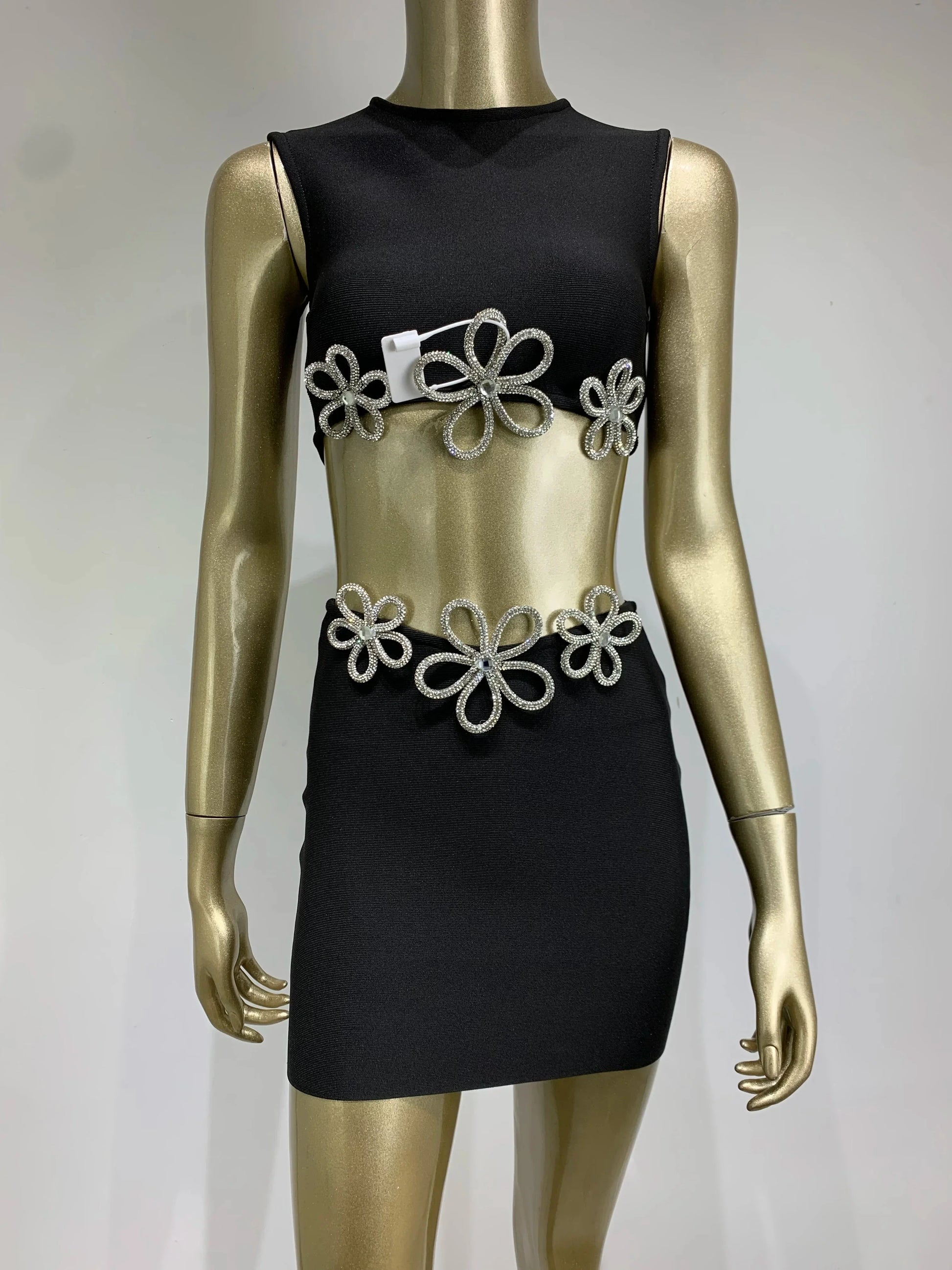 Women Summer Celebrity Sexy Crytal Black Mini Bandage Skirt Suit Knitted Elegant Evening Club Party Two Pieces Set