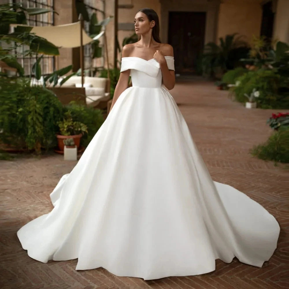 Boat Neck Ball Gown Wedding Dress Off the Shoulder Simple Vestido De Noiva Zipper Vestidos De Novia Custom Made White