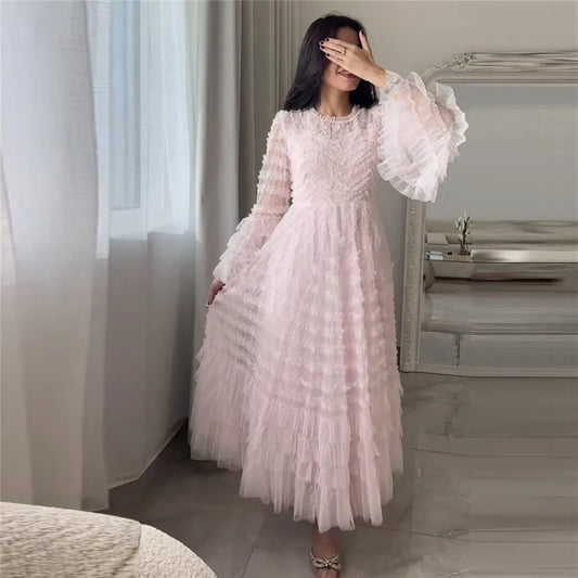 Hearty pink Tulle Prom Dress A-Line Long Flare Sleeves Tiered Ruched Floor Length Ruffle Evening Dress robes de soirée Pink