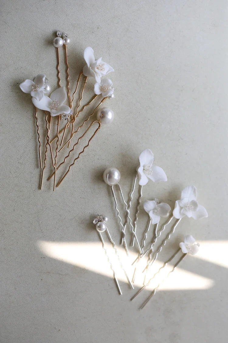 Porcelain Flower Hairpin Gold Silver Color Hair Pin Clip Women Bride Crystal Pearl Head Piece Bridal Jewelry Wedding Accessories