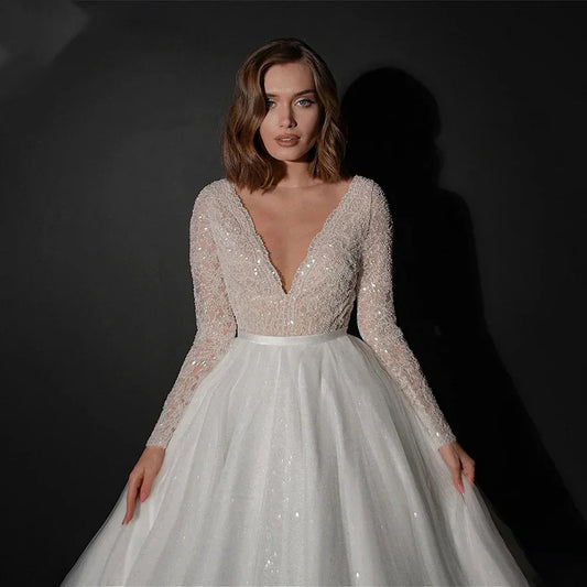 customized Sexy Deep V-neck Wedding Dress Romantic Long-sleeved Bride Gown Elegant Sequined A-Line Bride Gown Vestidos De Novia