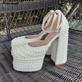 Luxury Handmade Full Pearls Beaded Platform Wedges Women Pumps Fashion Chunky Heeled Ultra High heels Banquet Dress Wedding Shoe