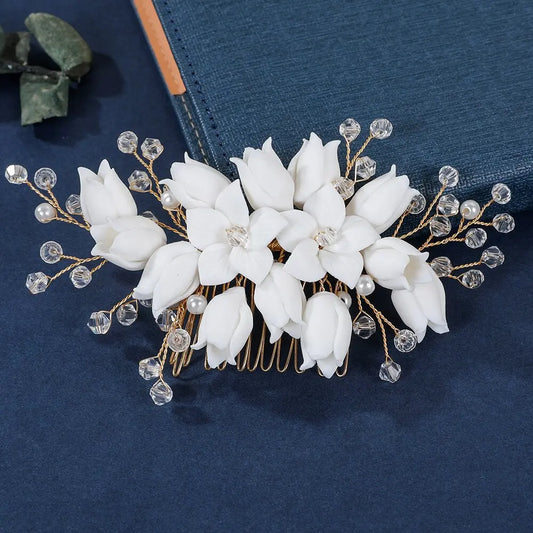 Wedding Accessories Porcelain Flower Head Pieces Vintage Hair Combs Clips Brides Bridesmaids Gold Color Hairpin Bridal Jewelry