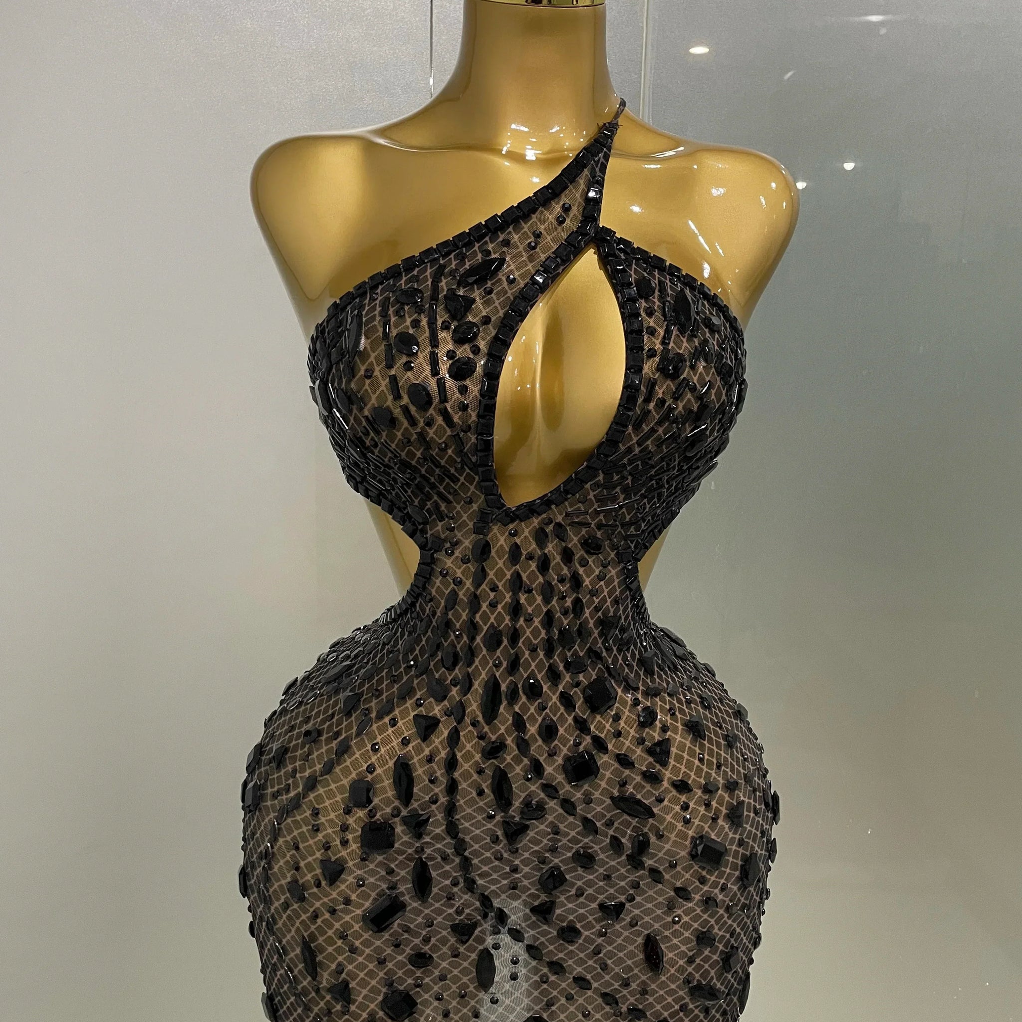 Luxury Sexy Backless Hollow Out Sparkle Diamond Evening Prom Women Birthday Celebrate Stage Nightclub Outfit black