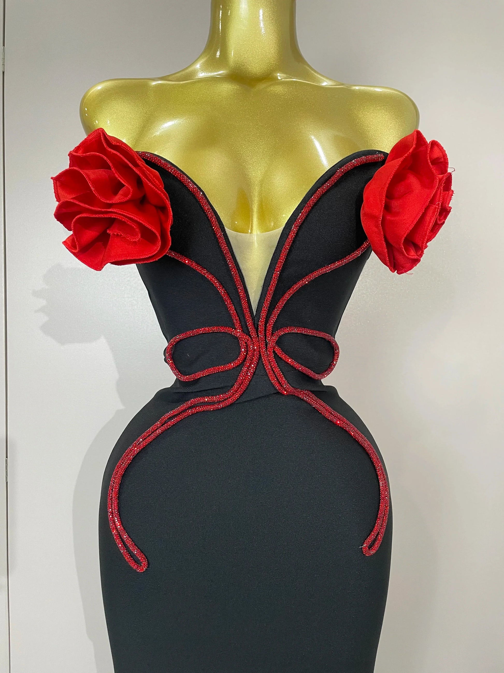 black Off Shoulder Red Flower Bandage Long Dress Women Elegant Fshion Celebrity Party Dress