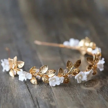 Vintage Gold Color Headband Hairband Porcelain Flower Leaf Zircon Headpiece Bride Women Wedding Accessories Bridal Hair Jewelry a