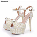 Luxury Full Pearls Beaded Peep toe Women Gladiator Sandals Fashion Summer Platform Wedges 14cm High heels Wedding Party Shoes