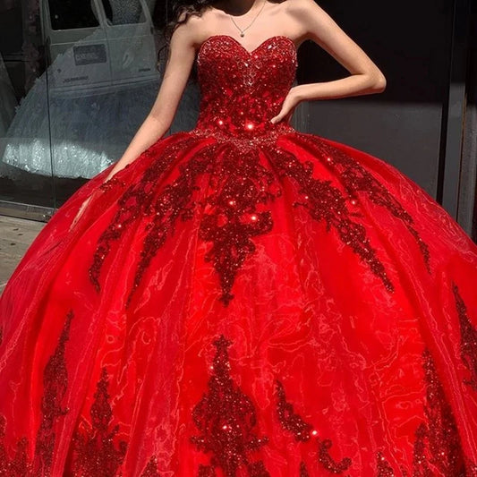 Vestido rojo de quinceañera con escote en forma de corazón, encaje brillante para fiesta de 15, vestido Formal, vestido de baile, vestido de princesa de 16 cumpleaños