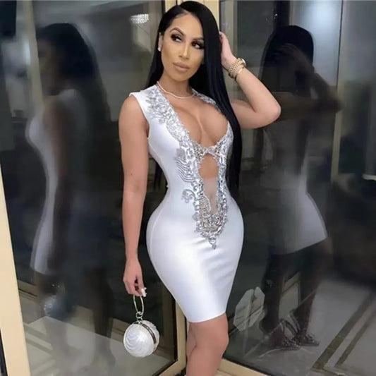 Top Quality Women Sleeveless Sexy V-Neck Bodycon Bandage Mini Dress Fashion Nightclub Party Celebrate Outfit Vestido WHITE