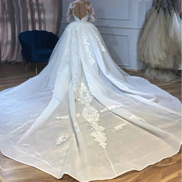 Deluxe Applique Meerjungfrau Hochzeitskleid Muslim runden Hals Langarm Perlen abnehmbarer Zug Brautkleider Vestido de Noiva