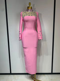 Luxury Birthday Dresses Sparkly Diamond Long Sleeve Black Bodycon Bandage Dress Women Wedding Evening Club Party Prom Gowns Pink