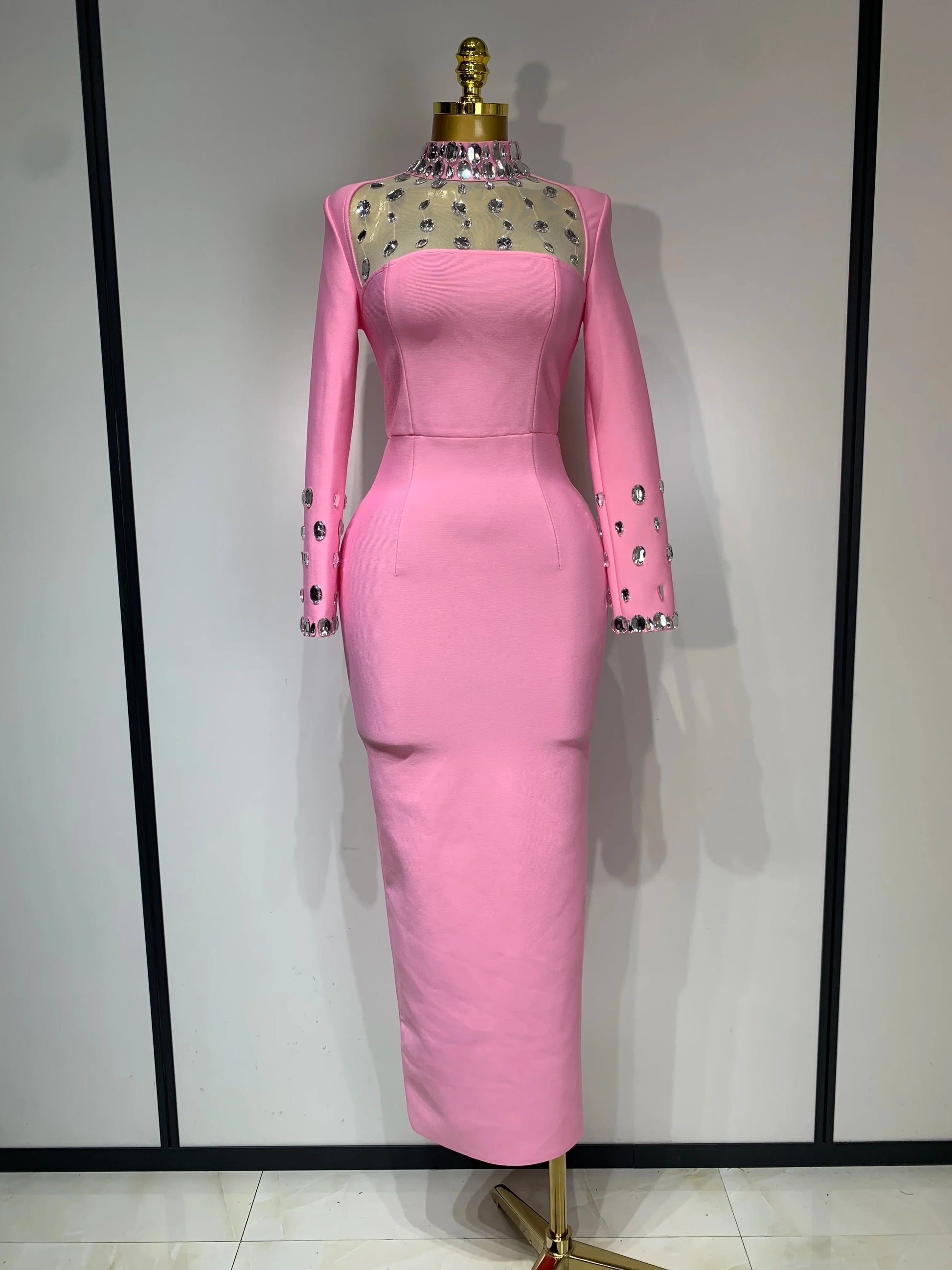 Luxury Birthday Dresses Sparkly Diamond Long Sleeve Black Bodycon Bandage Dress Women Wedding Evening Club Party Prom Gowns Pink