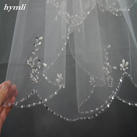 Two-Tier Hand-Beaded Scalloped Edge Bridal Veil Wedding Accessory with Metal Comb