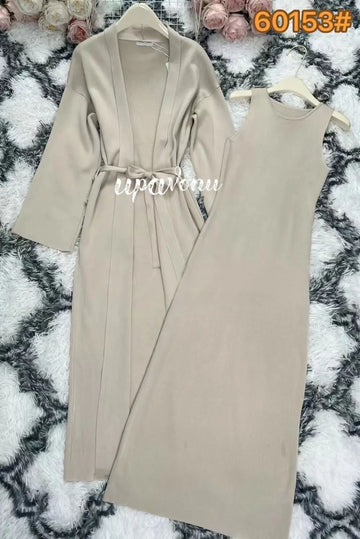 Women's Knitted Two-Piece Set Cotton Blend Long Sheath Dress and Polo Collar Cardigan with Waist Tie Beige