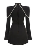Light Luxury Water Diamond Mini Dress Stand Collar Long Sleeve Bodycon Asymmetric Dress Cocktail Evening Club Party Vestido