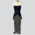 Black Women Sexy Strapless 2 Pieces Shinning Diamond Bodycon Dress Nightclub Party Celebrate Birthday Evening Outfit