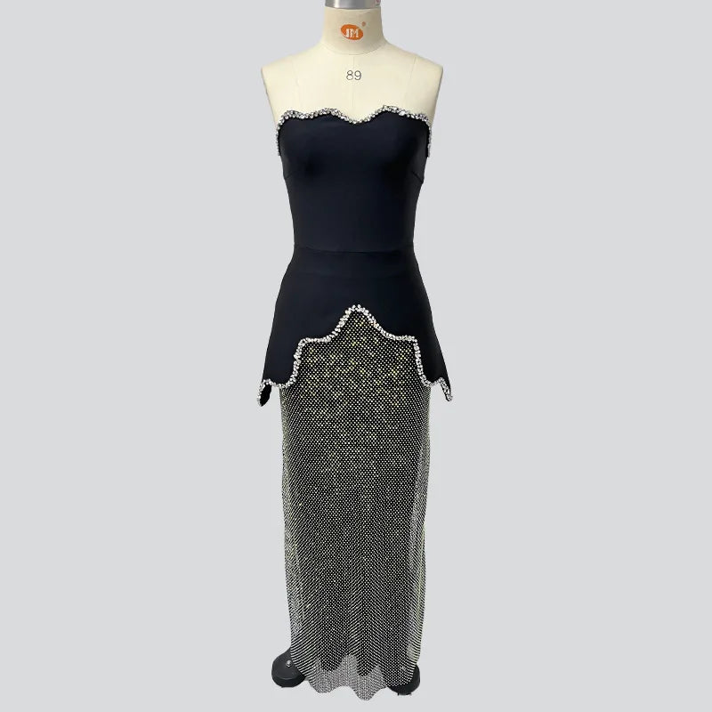 Black Women Sexy Strapless 2 Pieces Shinning Diamond Bodycon Dress Nightclub Party Celebrate Birthday Evening Outfit