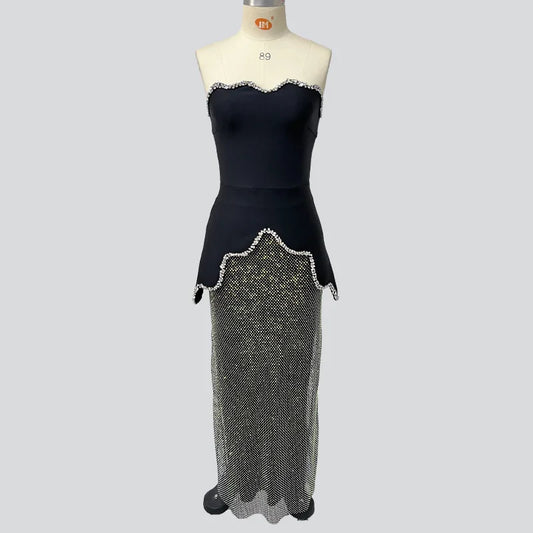 Black Women Sexy Strapless 2 Pieces Shinning Diamond Bodycon Dress Nightclub Party Celebrate Birthday Evening Outfit