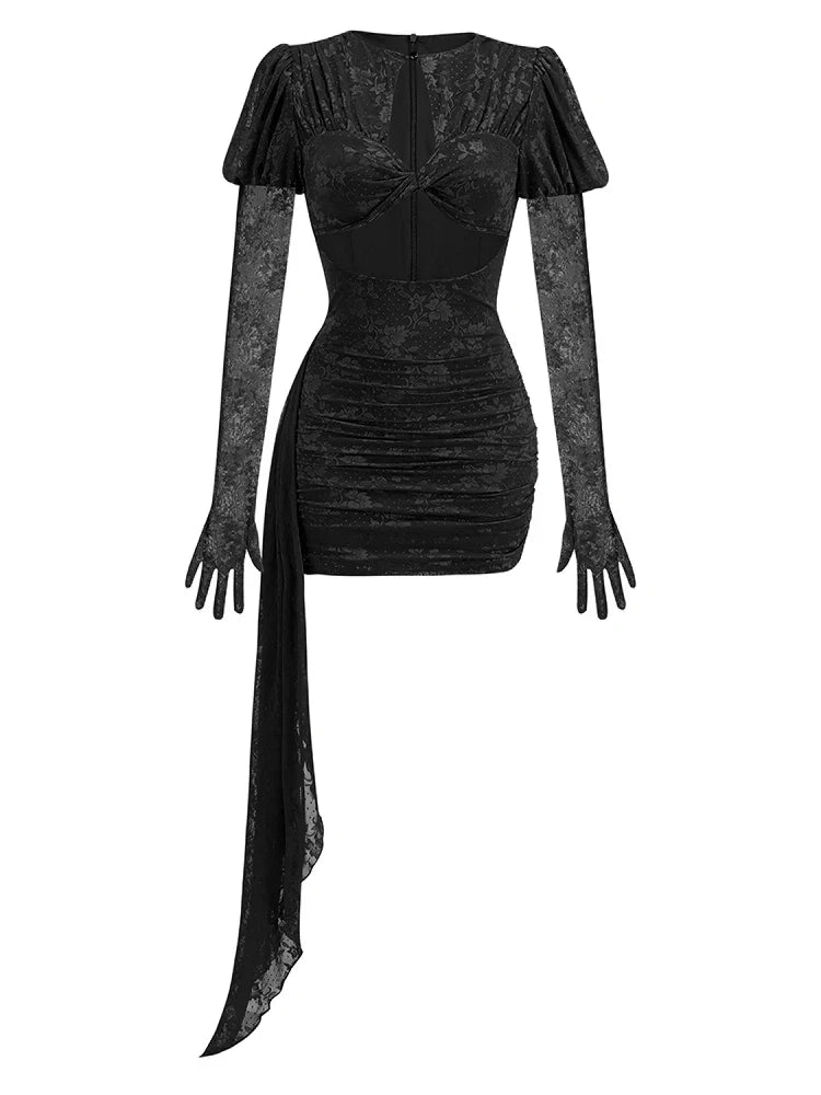 Black Color Women Long Sleeve Sexy Bodycon Draped Mini Dress Nightclub Party Bar Singer Celebrate Dress Vestido