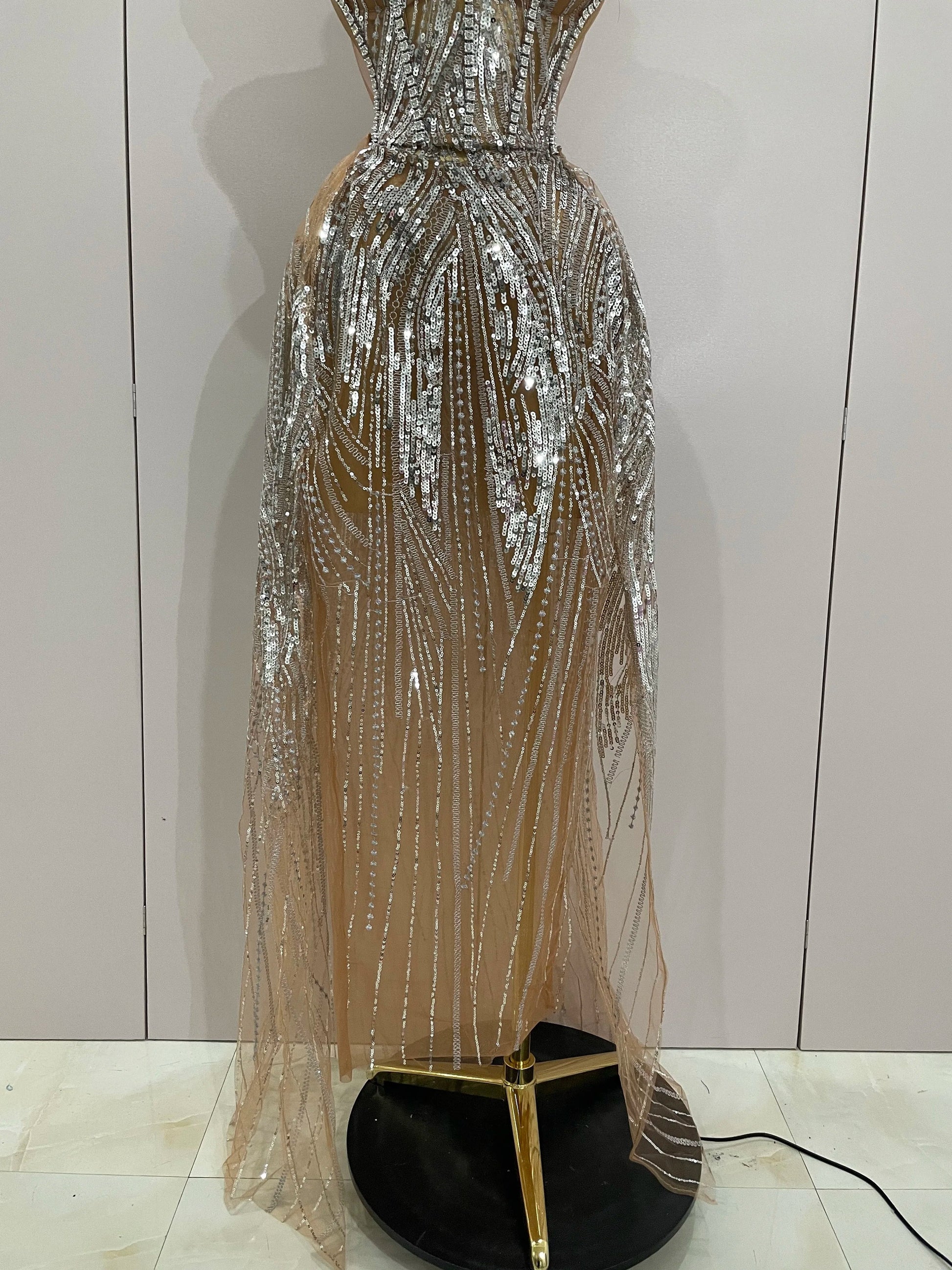 Sparkly Rhinestone Sequins Sexy Strapless See-Through Long Dress Women Evening Birthday Party Dress Nightclub Stage Costume