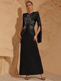 2025 Elegant Women's Light Luxury Hot Diamond Design Bandage Dress O-neck Trumpet Sleeve Bodycon Long Dress Club Party Vestidos black